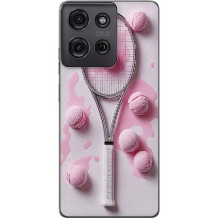Kompatibel Mobilcover til Motorola Motorola Moto G75 Rosa glaskugler og tennisketsjer i et kreativt stillbillede med legende popfølelse og moderne de