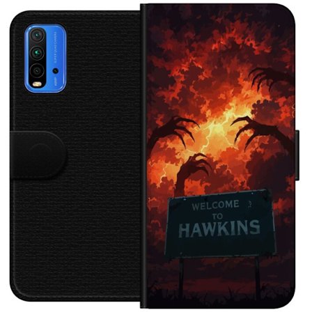 Kompatibelt Lommeboketui til Xiaomi Redmi Note 9 4G Mørk apokalyptisk fantasi-scene med brennende himmel og Hawkins-skilt i Stranger Things-stil