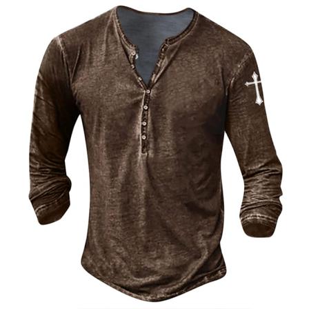 Enfärgade Knappar För Män Toppar Långärmad Henley Neck T-shirt