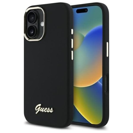 Guess Silikone Script Metal Logo & Frame-etui til iPhone 16 Plus - Sort