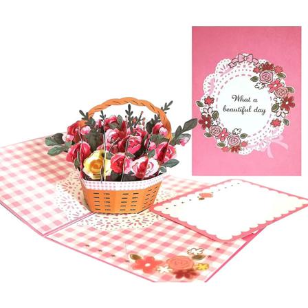 Rose Basket Flowers 3D Pop Up-kort for kjæresten, kone, mor - Valentinsdag, morsdag gratulasjonskort med bukettdesign