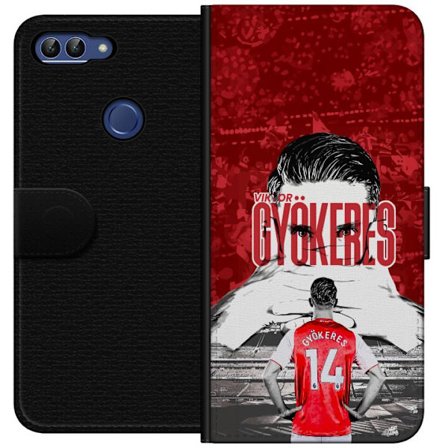 Yhteensopiva Lompakkokotelo Huawei P smart Punainen dramaattinen kollaasikuva, jossa esiintyy Viktor Gyökeresin muotokuva ja pelaajia takaapäin areena