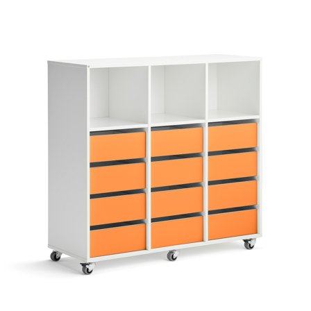 Student storage CASPER, 12 drawers, 3 upper compartments, white, dark pink