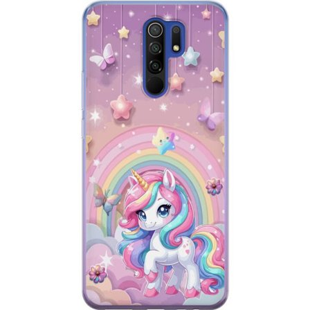 Kompatibel Mobilcover til Xiaomi Redmi 9 Magisk enhjørning med regnbue manke, stjerner og sommerfugle mod en pastelfarvet himmel med skyer
