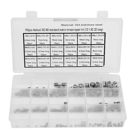 180 stk. gevindindsats rustfrit stål gevindreparationsværktøj M2 til M8