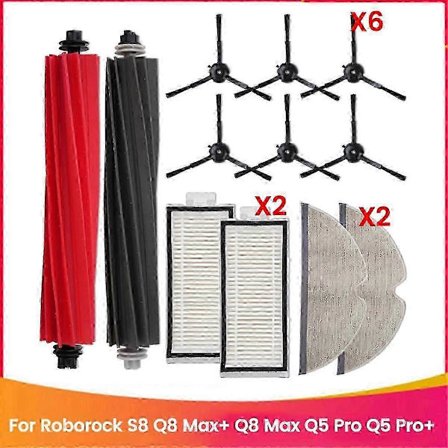 12 st Ersättningsdelar för Roborock Q8 Max+/Q8 Max/Q5 Pro/Q5 Pro+ Robotdammsugare - Rullborstar Sidoborstar