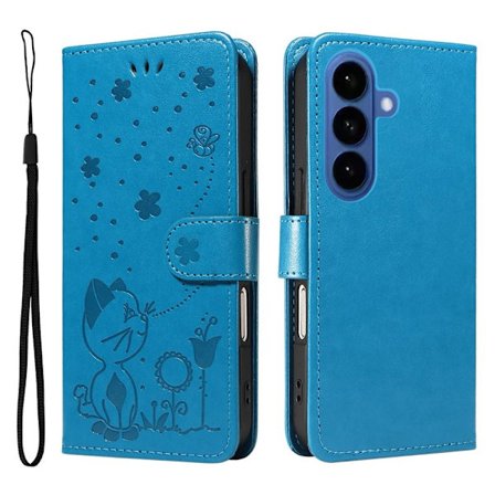 Samsung Galaxy S26 / S26 Pro Plånboksfodral Konstläder Cat Bee Mönster - Blå