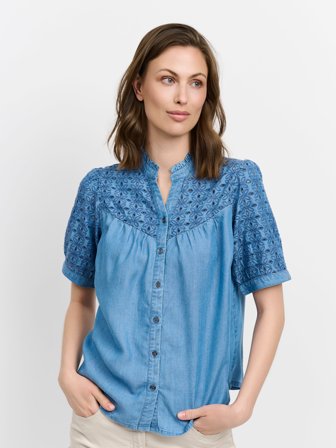 BRANDTEX - Kortærmet Denim Skjorte - Blå - Broderie Anglaise