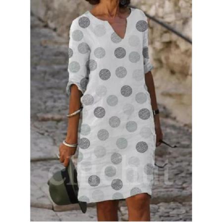 Kvinnor Sommar Retrotryck V-neve Kortärmad Comfy Casual Dr