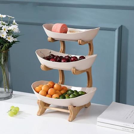 Fruktkorg, 3-vånings keramiskt fruktställ med naturligt bambuställ för frukt, kakor, godis 35*15 cm (beige)