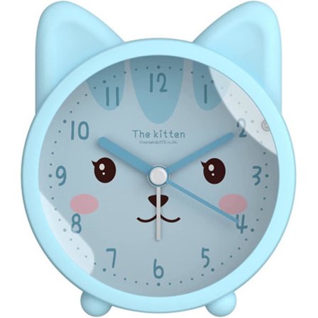 Søt dyrealarmklokke for barn, hund/katt, stille, tikkende kvarts, skrivebord, nattbord, for barn (blå) (1 stk)