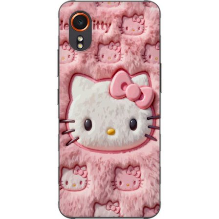 Kompatibelt Mobildeksel til Samsung Galaxy Xcover7 Hello Kitty rosa fluffy bakgrunn med ikoniskt ansikt og kawaii-estetikk