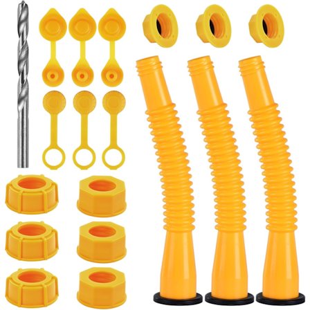 Erstattningssett for drivstoffkanne-tut med bor - sekskantmutteradapter, fleksibel drivstoffslange og sølebeskyttelseskorker (gul, 