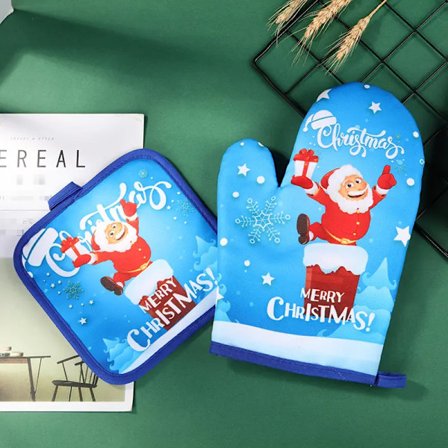 Bomuldsovnluffer, Farverige Trykte Juletema, Varmebestandige Handsker, Varmeisolerende Måtte, Mikrobølgeovn, Ovn, Juleisolerede Handsker