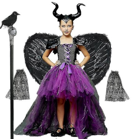 * Halloween Costume Maleficent Tutu Klänning För tjejer Cosplay Evil Queen Black Mesh Princess Dress Kids Crow Wand Maleficent
