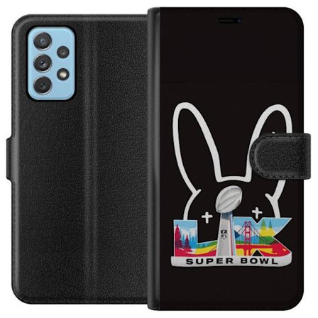 Kompatibel Tegnebogsetui til Samsung Galaxy A52 5G Bad Bunny portræt med åben skjorte, tatoveringer og krøllet hår i stilfuld modefotografering