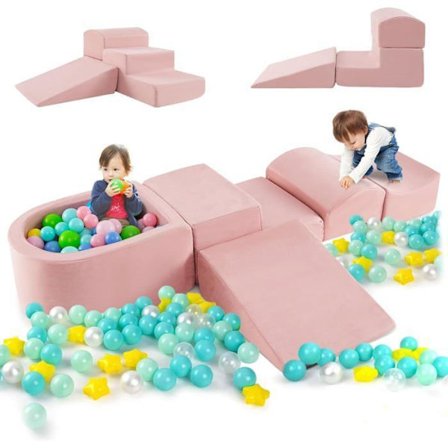 COSTWAY 5PCS Motorikbane til Baby i Skum med Vaskbart & Aftageligt Betræk, Børnebassin, Motorikmodul til Baby 3 År+ Pink