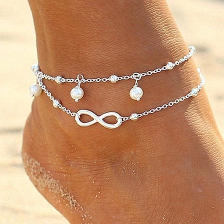 Pearl Double Ankles Silver Forever Ankel Armband Beach Beaded Fotkedjor för kvinnor och flickor
