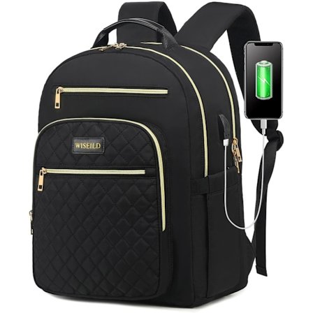 Laptop Rygsæk - Quiltet Rejserygsæk Pung, Arbejds Laptop Taske Lærer Rygsæk med USB Port (15,6 Tommer Sort)