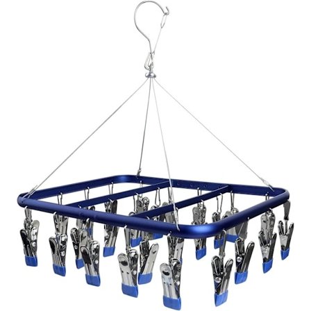 Sokketørrer med 26 klemmer, aluminiumskroge, strømper og undertøjskroge med vejrbestandige kroge, babytøj, handsker (blå)