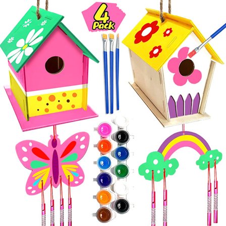 Hantverk för barn i åldrarna 4-8 - 4-pack DIY fågelhus vindklocka kit - Bygg och måla fågelhus trä konst kit påskkorg fyllmedel present för åldrarna 3