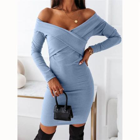 Höst Off Shoulder Slim Miniklänning Casual Bodycon Dam Lång S