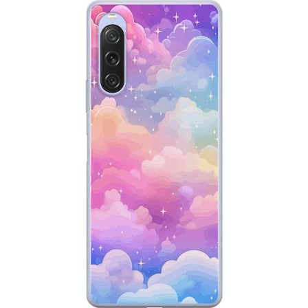 Kompatibelt Mobildeksel til Sony Xperia 10 V Søt enhjørning med regnbuefarget hår mot en stjernebelagt pastellbakgrunn i kawaii-stil