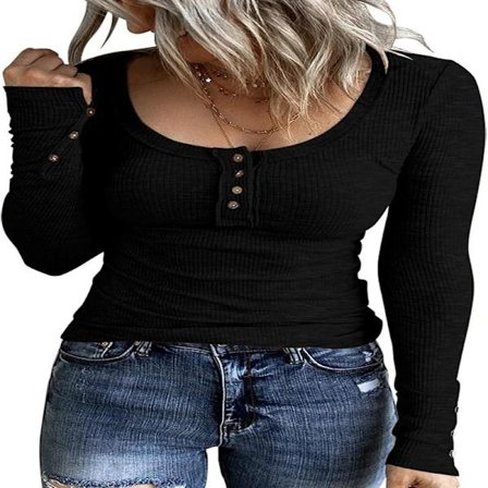 Langærmede Henley T-shirts til damer Slim Fit Toppe med knapper