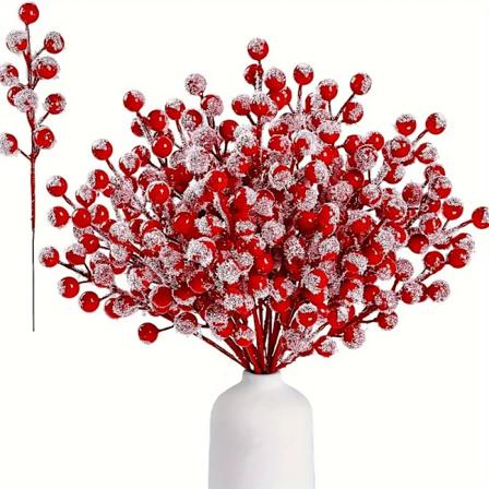 10 st Snow Red Berry Stems - Konstgjorda Hollygrenar för Julgran, DIY Julhantverk och Heminredning, Juldekorationer