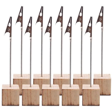 10 stk. lodrette note- og fotoholdere med alligatorclips og fyrretræssokkel