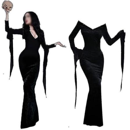 Addams onsdag Morticia Addams kostym Halloween klänning Peruk Vuxna kvinnor Punk gotisk spetsklänning 220cm