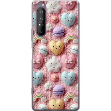 Yhteensopiva Puhelinkuori Sony Xperia 1 II Pastellimotiiivi sydämillä, pilvillä, sateenkaarilla ja makaronseilla vaaleanpunaisella taustalla suloisess