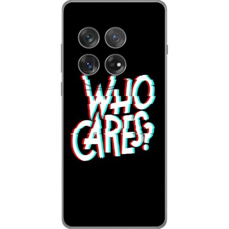 Yhteensopiva Puhelinkuori OnePlus 12 Glitch typografia, jossa teksti "who cares" on punaisella ja syaanilla mustalla minimalistisella taustalla.