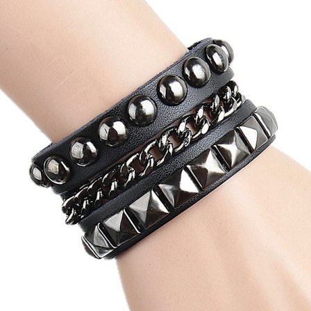 Punk Armbånd til Mænd og Kvinder - Gotisk Sort Læderarmbånd med Nitter og Nitte Manchetknapper, Justerbart Flerlagsarmbånd