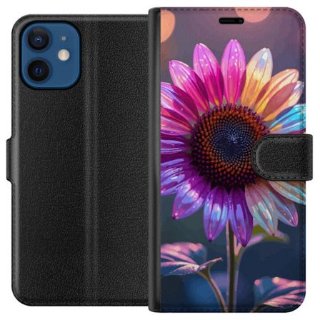 Kompatibelt Lommeboketui til Apple iPhone 12 mini Irideserende blomst med glitrende kronblad i rosa lilla og gull mot myk bokeh bakgrunn