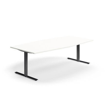 Konferenztisch QBUS, Bootsform, 2400x1200 mm, T-Gestell, schwarz/weiß