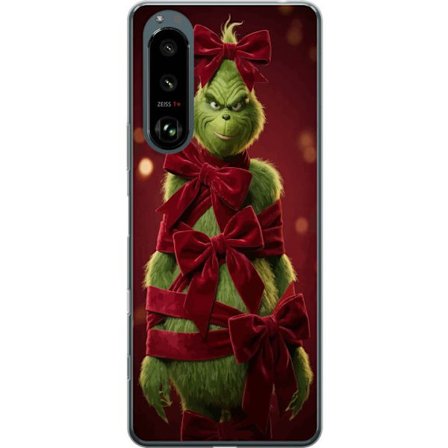 Yhteensopiva Puhelinkuori Sony Sony Xperia 5 III Grinchi-hahmo koristeltu punaisilla samettinauhoilla juhlavassa studiossa, leikkisällä ja humoristi
