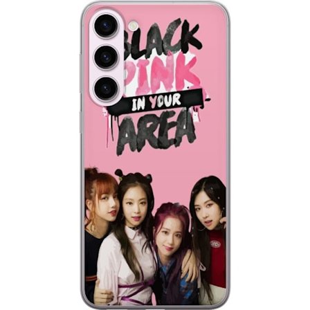 Kompatibelt Mobildeksel til Samsung Galaxy S23+ BLACKPINK In Your Area med gruppefoto av Lisa, Jennie, Jisoo og Rosé foran en rosa bakgrunn og sterkt