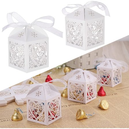 50 stk. Gaveesker til bryllup (5x5x7cm) Laserkut Hvit