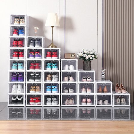 Skoboks, stabelbar sammenleggbar skoboks i plast med gjennomsiktig lokk, ingen montering kreves, 3/4/5/6 lag, hvit