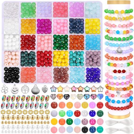 671 stk Glass Beads Armbånd Making Kits 30 Farger 8mm Krystall Perler for Smykke Making Runde Edelsten Stein Perler med Rondelle Spacer Perler DIY 