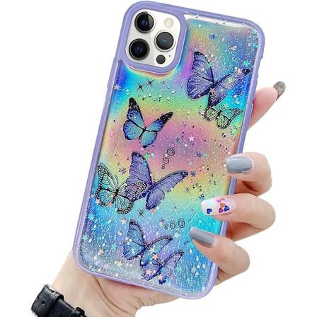Katea Girly Cover til iPhone 11 Pro Max Cover Sødt Iridescent Sommerfugl Design Laser Bling Glitter Stjerner til Piger Kvinder Blød Tpu Bumper Fald 