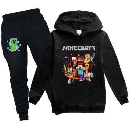 Barn Pojkar Minecraft Hoodie Topp Pullover Byxor 2st Kit black 140cm