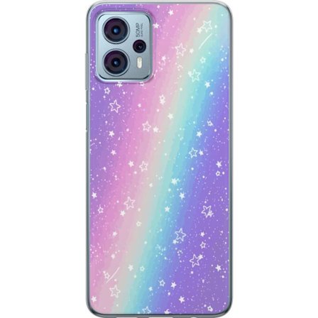 Kompatibelt Mobildeksel til Motorola Moto G23 Rainbow-farget pastellbakgrunn med hvite stjerner og gnistrende prikker i myk overgang