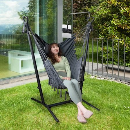 Justerbar hammock i stålställning – grå, med kudde, ficka och m