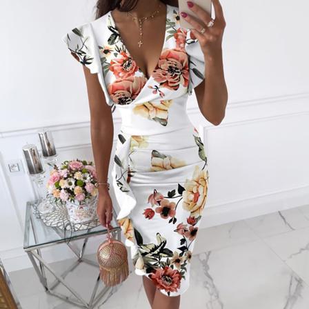 Sexig V-ringad Slim Office Damklänning Volang Kortärmad Bodycon