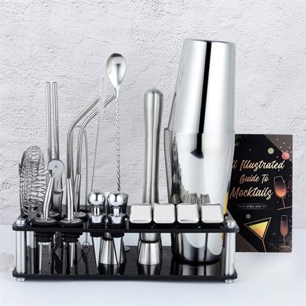 25-delars boston shaker set i rostfritt stål med dubbla måttkoppar och akrylställ