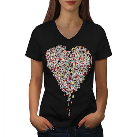 Färgglada hjärta kvinnor svart v-ringad T-shirt