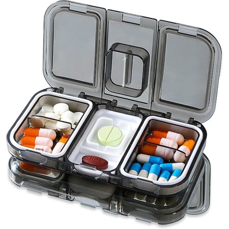 Liten pillerask med 4 fack, rese pillerask, pillerask med pillerdelare pillerorganisatörer (grå)