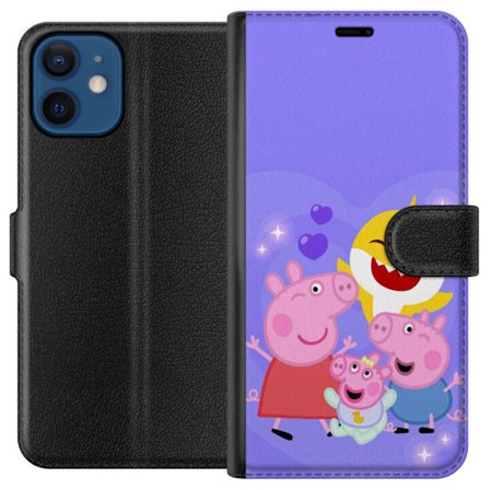 Kompatibel Tegnebogsetui til Apple iPhone 12 Peppa Gris mønster med hjerter, sommerfugle og venner, lyserød baggrund i bløde børneillustrationer